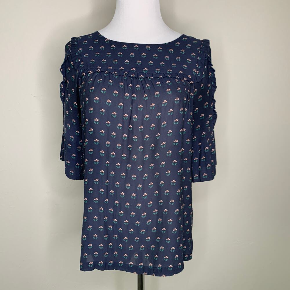 Loft Cottagecore Blue Floral Blouse Sz XS